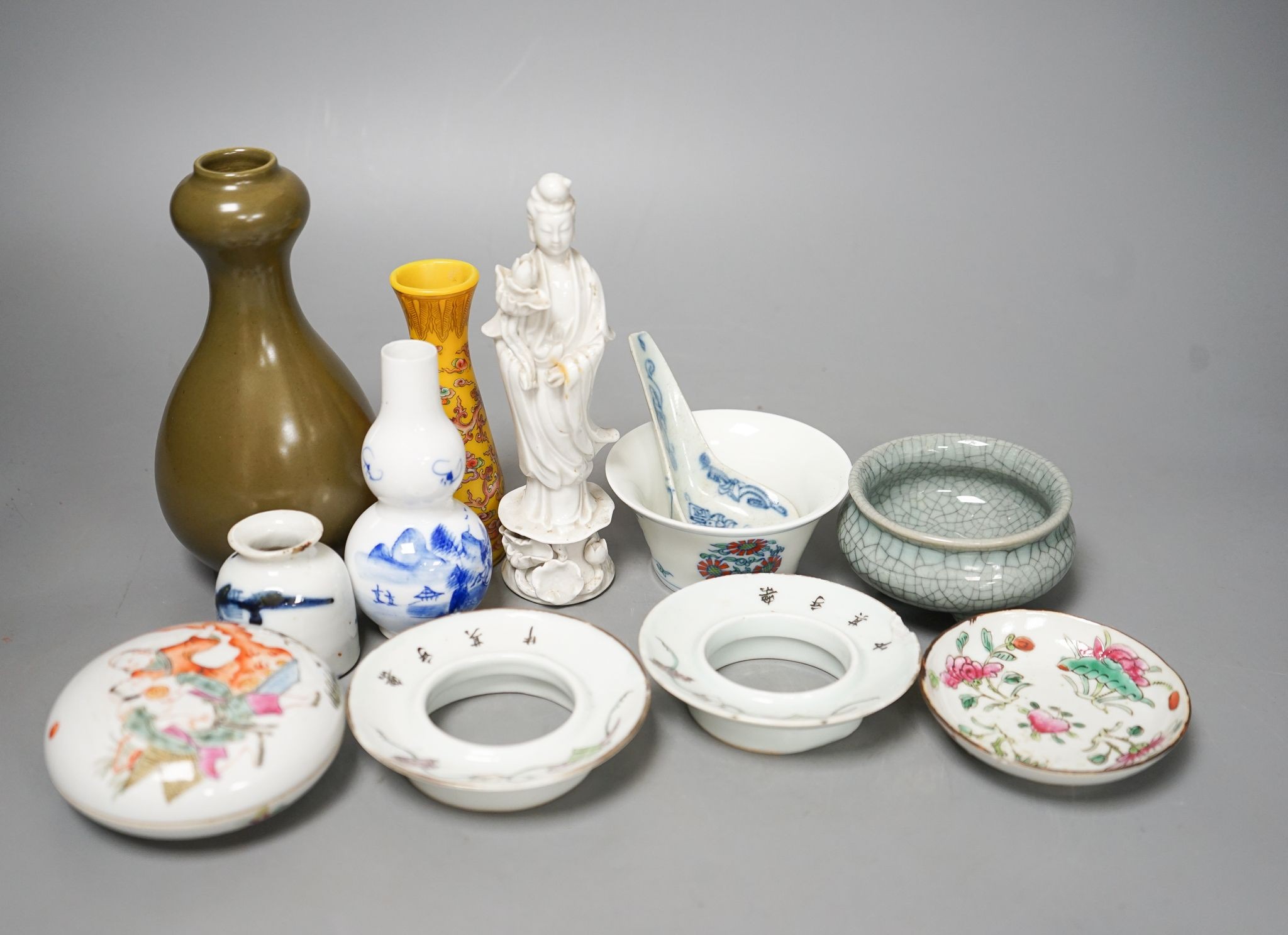 A group of Chinese ceramics including a tea dust vase, blanc de chine figure, famille rose box and cover etc., tallest 16cm